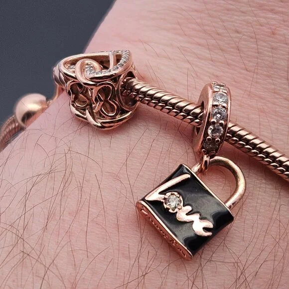 MET Pandora Rose Tone Charm Bracelet Love Padlock Entwined Hearts Beads - Picture 3 of 11